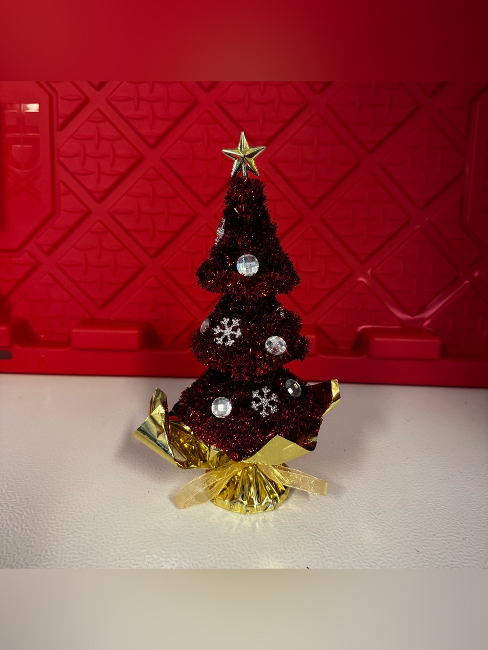 Red Mini Tinsel Christmas Tree with Gold Base